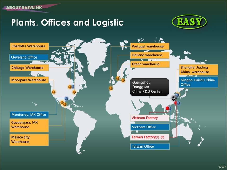 易連工業 Plants, Offices and Logistic：台灣、越南工廠與辦公室，美國／墨西哥／歐洲倉儲與辦公室，中國寧波辦公室、上海倉儲、廣州東莞研發中心